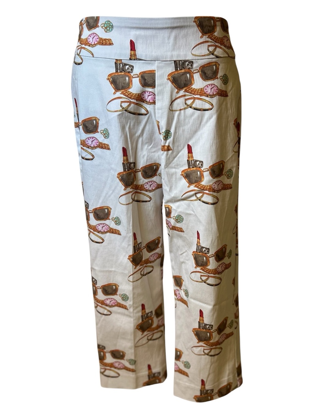 Cream Cropped Printed Ankle Pants with Sunglasses & Lipstick Motif